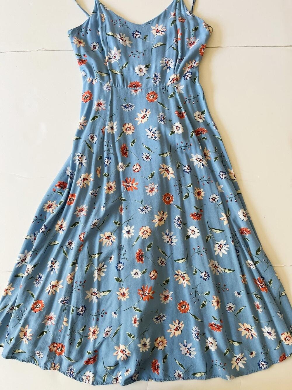 Blush BJ Dress Womens M Blue Floral Maxi Sundress V Neck Strappy Lace Up Boho